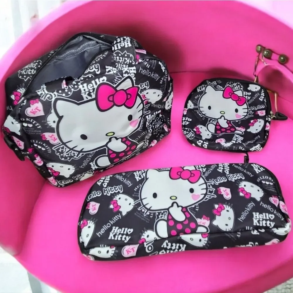 Hello Kitty Black Shoulder Bag Set of 3 Sanrio Kid Tween Travel School Purse NEW